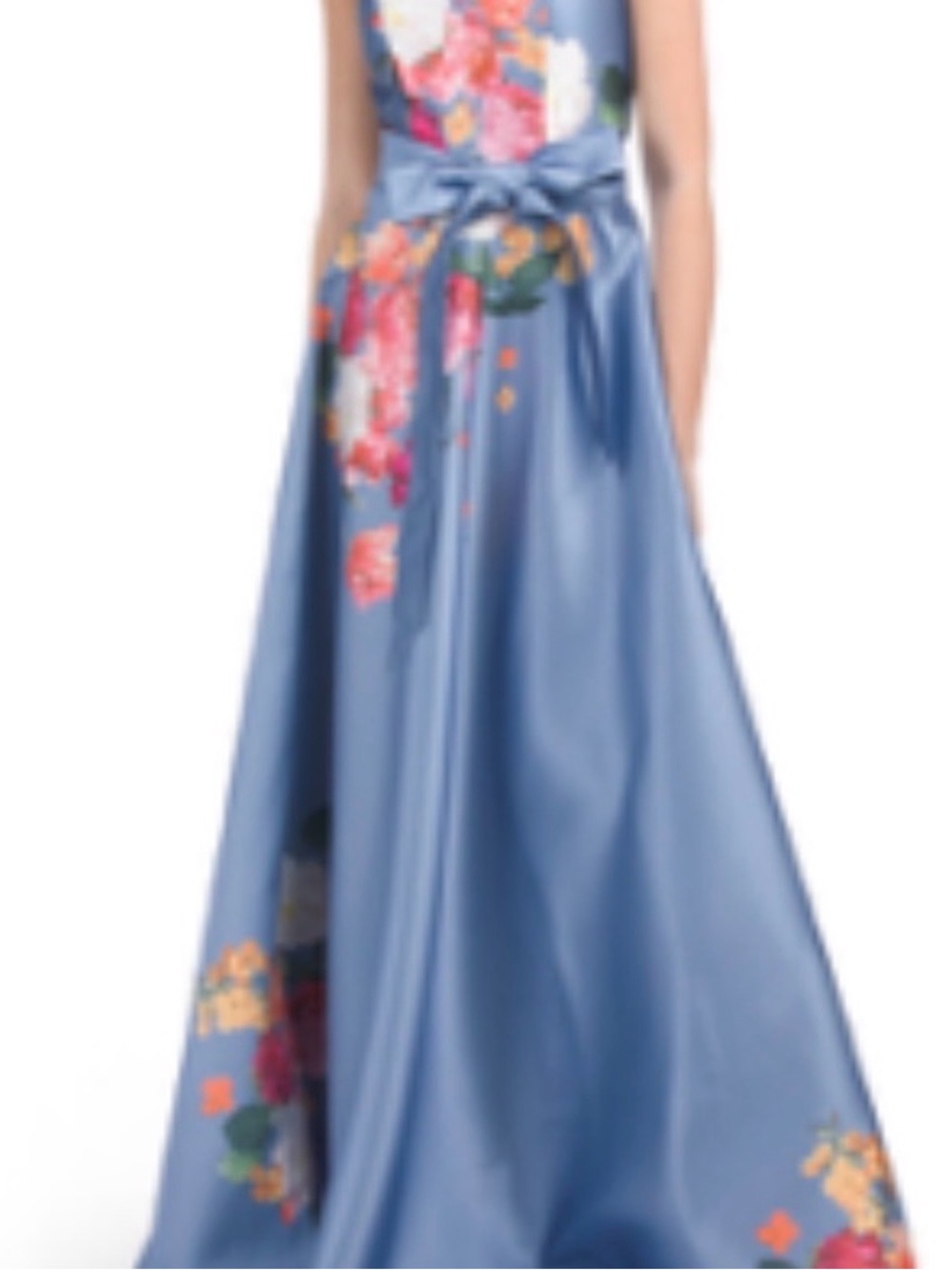 Blue Floral Satin A-Line Maxi Skirt with Waist Tie